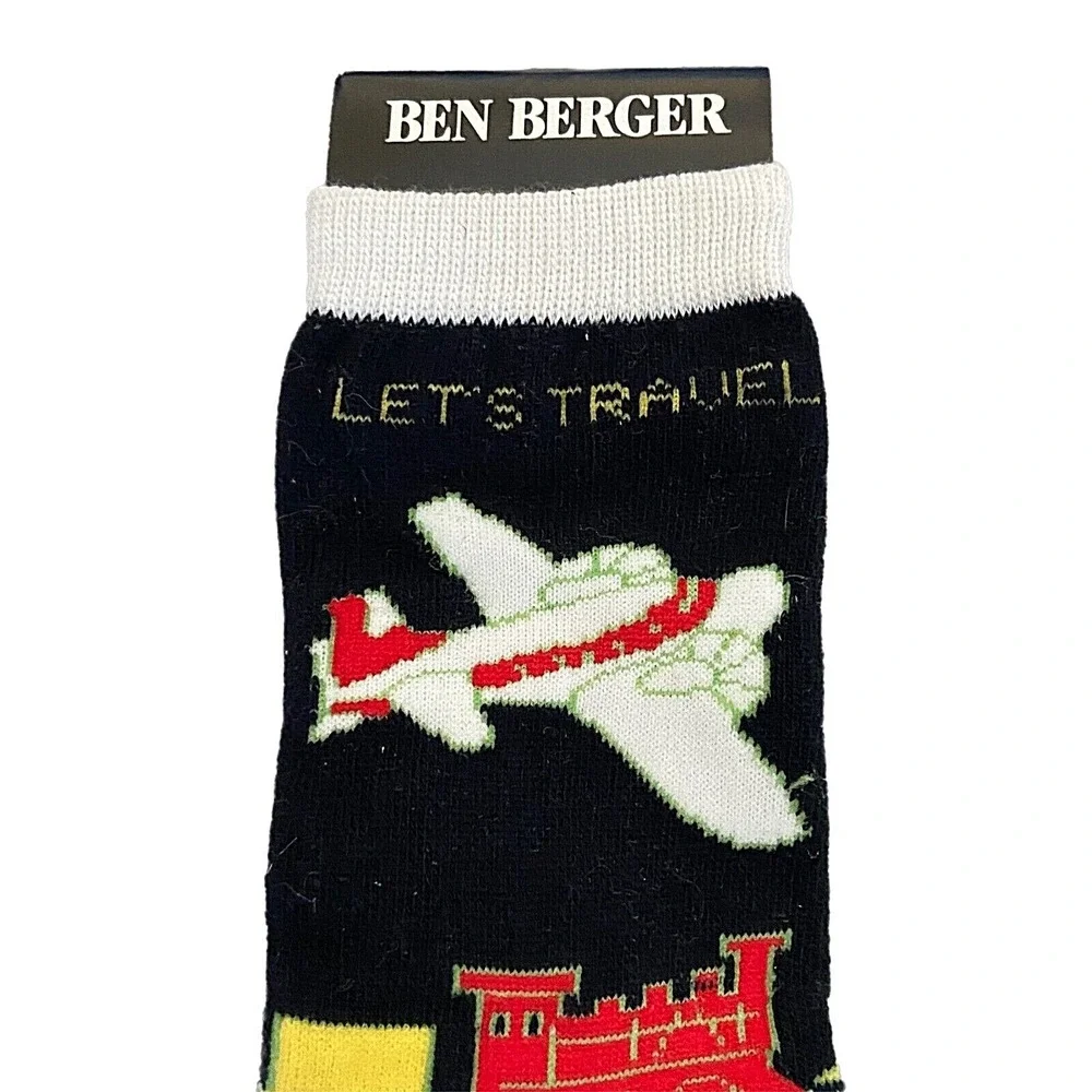 NWT ~Vintage BEN BERGER Black LET'S TRAVEL Theme Women's NOVELTY SOCKS sz 9-11